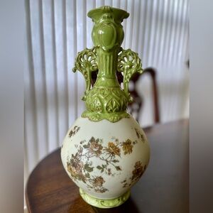 Vintage-Inspired Green and Cream Floral Vase